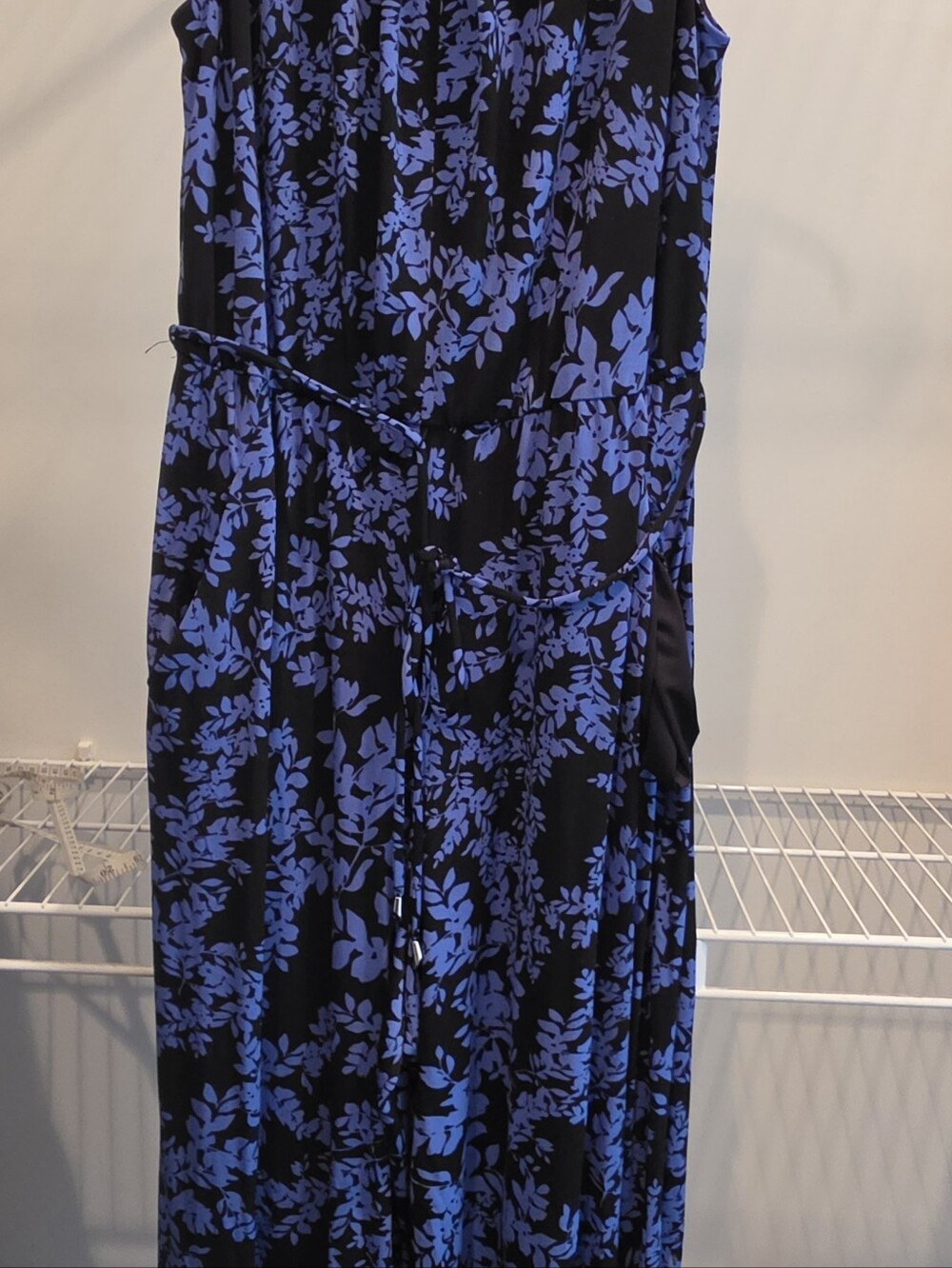 Roz & Ali Black Maxi Dress with Blue Floral Print and Tie Waist
